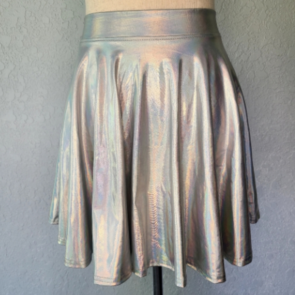 Holographic Silver Circle Skater Skirt Festival Alien Rave Rainbow, M, Swifties